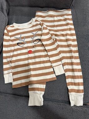 GAP Cream & Brown Striped Reindeer Pajama Set with Red Nose